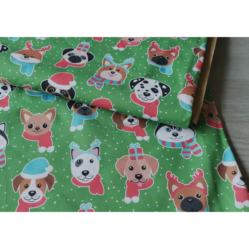 Christmas Dogs on green - 100% Cotton